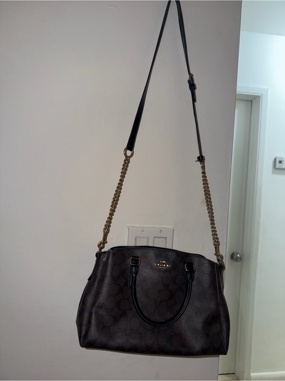Coach Dark Brown Signature Canvas Shoulder Bag with Gold Chain Trim